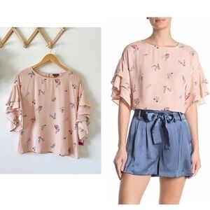 NWT Vince Camuto Floral Tiered Pastel Ruffled Top Blouse Summer Pink